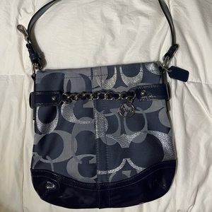 NEW Coach Navy Blue Silver Letters Long Strap Silver Chain Purse